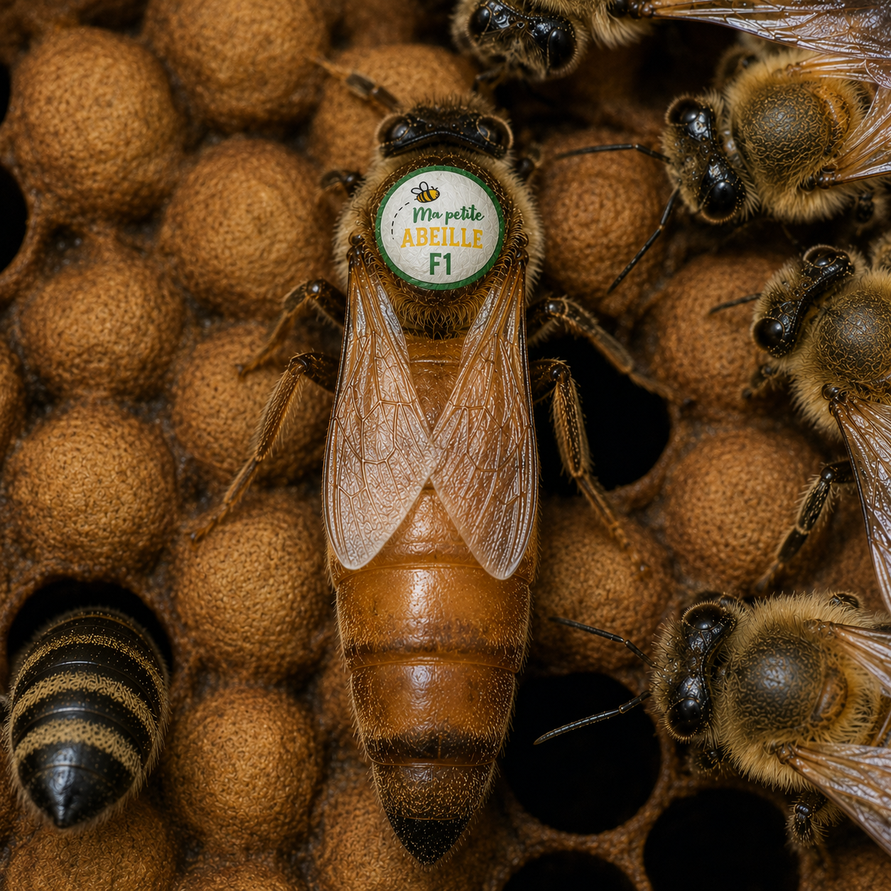 Reine Buckfast F1 fécondée Ma Petite Abeille sur cadre de ruche – sélection apicole douce et productive